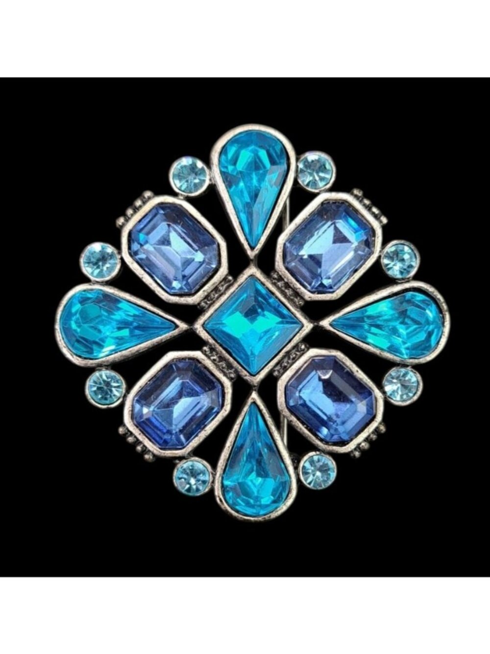 Vintage Blue Rhinestone Brooch Pin Pendant Silver-Tone Floral Design Statement